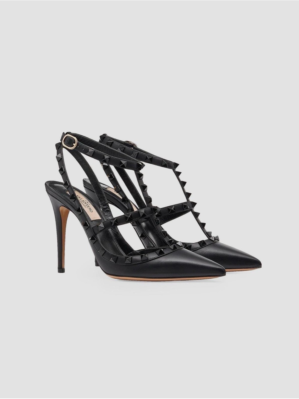 $1190 Valentino Garavani Black Leather Rockstud Cage T-Strap Pumps 38 Worn 1x